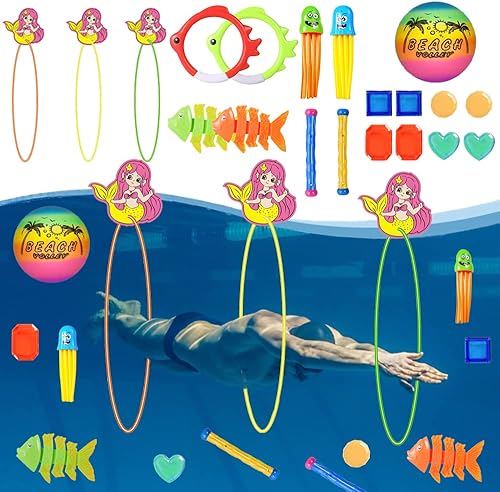 YF-TOW Juguetes de piscina para niños de 4 a 8 años, juegos de juguetes de buceo en piscina con anillos de natación, gemas de buceo, pulpo de buceo,