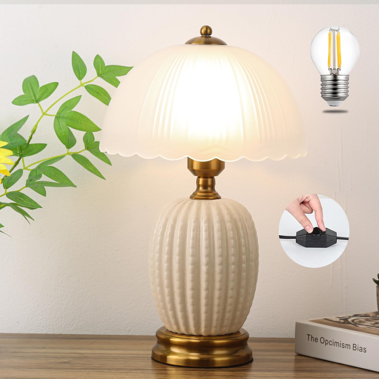 Ceramic Table Lamp Dimmable for Living Room, 16" Modern Vintage Bedside Nightstand Lamps with White Glass Shade,Classic Chinoiserie Retro Bedroom Lamp for Night Stands, Dorm,Office, Home Decor