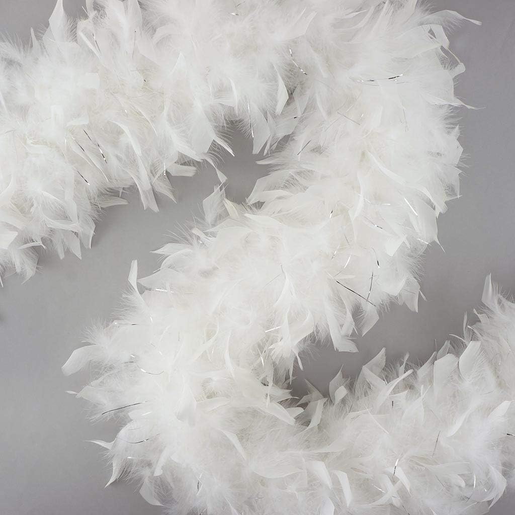 ZUCKER Chandelle Feather Boa with Lurex – Heavy Boas 6 Ft- Christmas Decorations - Vibrant Holiday Home Decor - Costume Cosplay Accessory, Halloween Party, Carnival - White/Silver