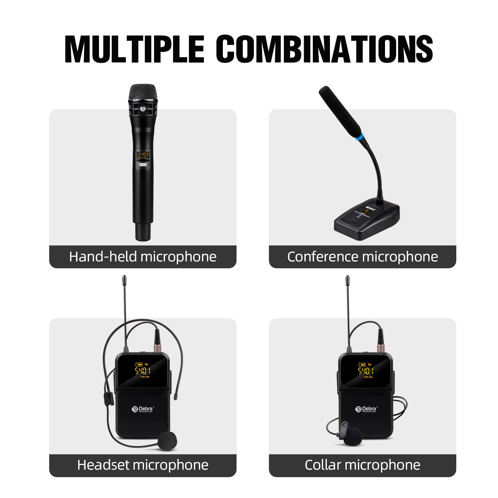 D Debra Wireless Mikrofon DU4004 UHF - 4 x 16 Kanäle, Handmikrofon, Bodypack, Headset, Lavalier für Gesang, Karaoke (2X Hand, 2X Bodypack)