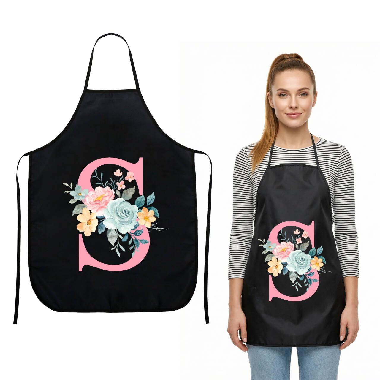 JEKUGOT Kitchen Apron for Women Waterproof Cooking Apron with Floral Letter Design, Adjustable Waist Tie BBQ Baking Gardening Birthday Gifts for Women (Black S) — image 1
