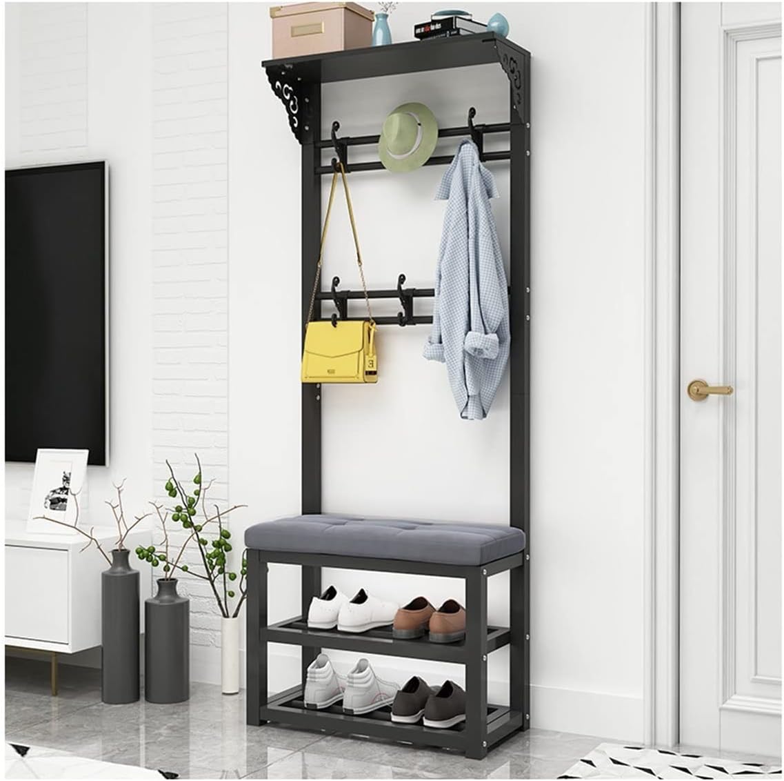 Coat Rack Shoe Bench Hall Tree - 3-in-1 Entryway Organizer with 2-Tier Storage and Hooks for Bedroom, Hallway, Living Room
