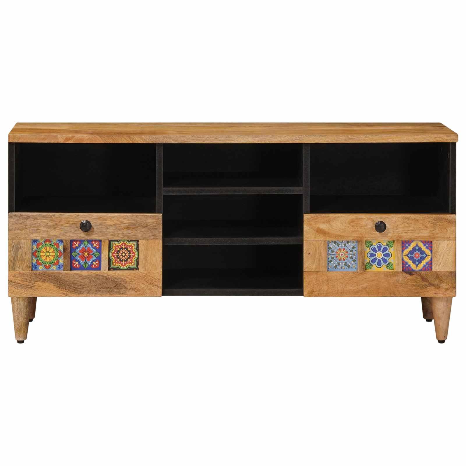 Mobile TV in legno massello di mango naturale, 100 x 33 x 46 cm, con ripiano e cassetti, per soggiorno, home theater, gaming, CD e DVD