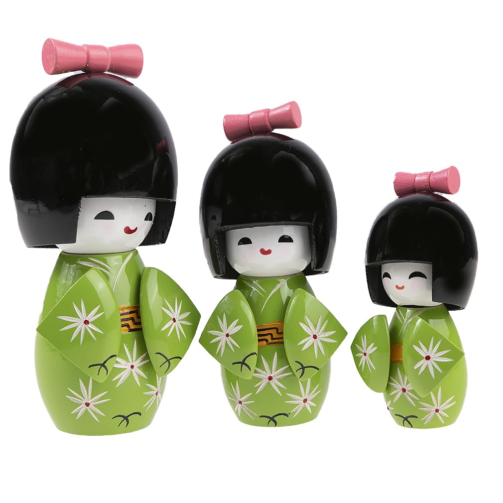 lachineuse - Trio Kokeshi giapponesi - Bambole giapponesi in legno - Kimono verde e fiori di ciliegio - Statuine decorative giapponesi - Idea regalo originale per decorazioni asiatiche