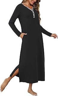 Marvmys Womens Long Sleeve Nightgowns Long Button Up Night Gown Henley V Neck Full Length Sleep Shirts with Pocket