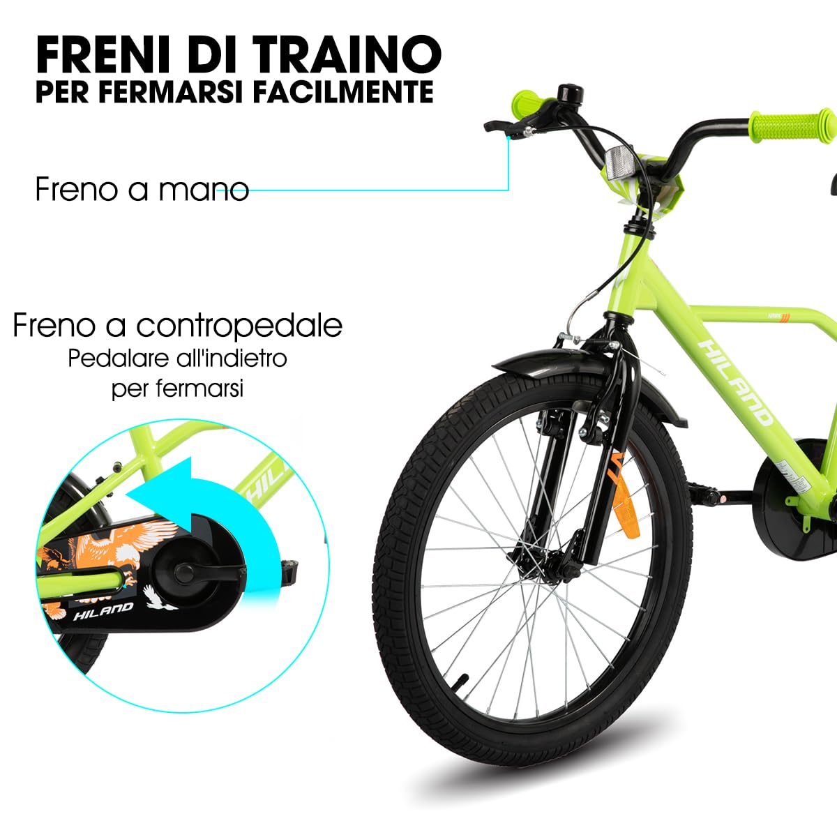 HILAND Hawk Bicicletta Bambino/Bambina 20" 6–10 Anni, Bicicletta per Bambini con Cavalletto e Freno a Mano, Nero & Verde/Blu/Nero & Arancio/Verde