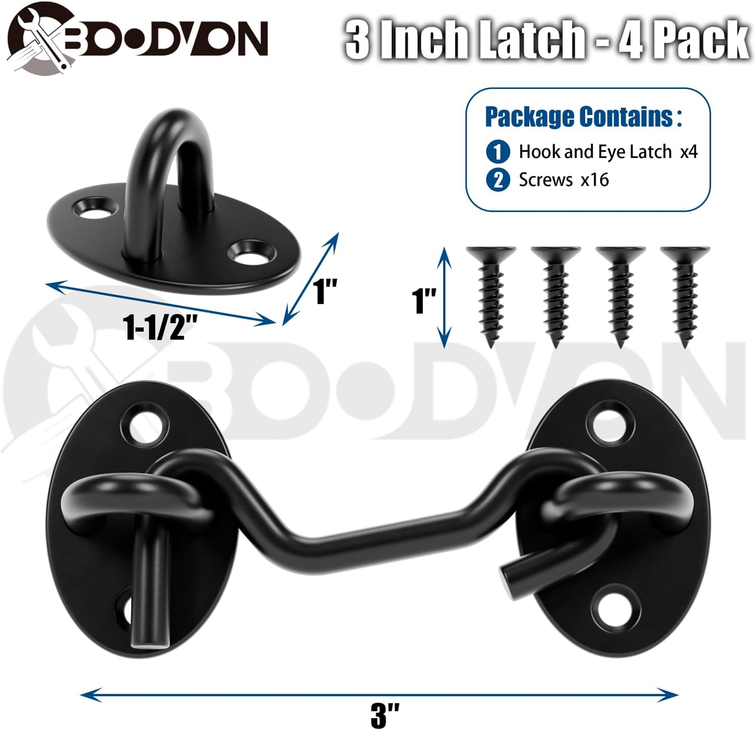 3 Inch Hook and Eye Latch, Privacy Eye Hook Latch for Sliding Door/Barn Door, Black Sliding Door Lock with Screws for Window, Cabin Hooks, 4 Pack