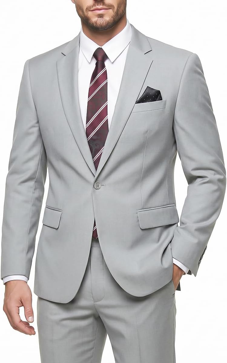Men's 2 Piece Suit Slim Fit - One Button Jacket Pants with Tie and Pocket Square, Suits for Men Wedding Business Party