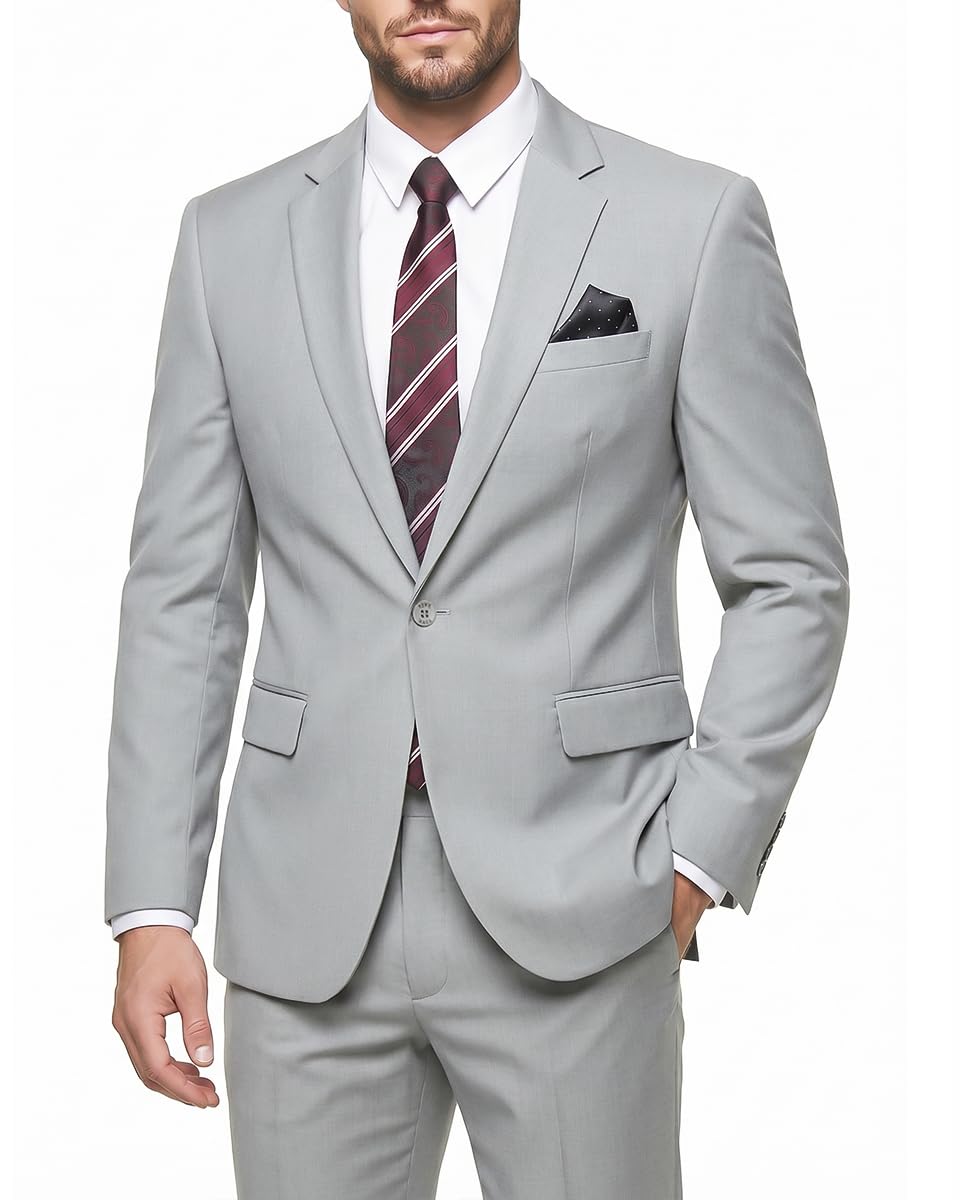 Photo 1 of WYWK Men's 2 Piece Suit Slim Fit - One Button Jacket Pants with Tie and Pocket Square, Suits for Men Wedding Business Party Light Gray