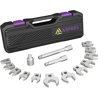 ANPUDS Crowfoot Wrench 15-Piece 3/8 Inch V-Type Torque Open-End Wrench Set Metric Open-End Spanner Set with 75/125 mm Extension Rod 1 / 2-3 / 8-Inch Adapter Portable Storage Box