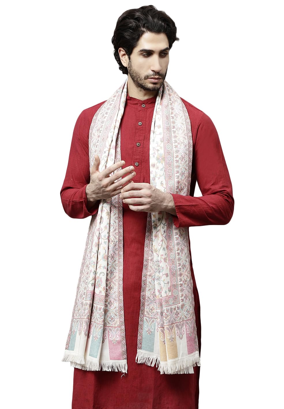 Weavers Villa Men's Acro Wool Blend Kani Woven Design Wraps, Stoles, Unisex Shawls, 100Cm X 200Cm (White)