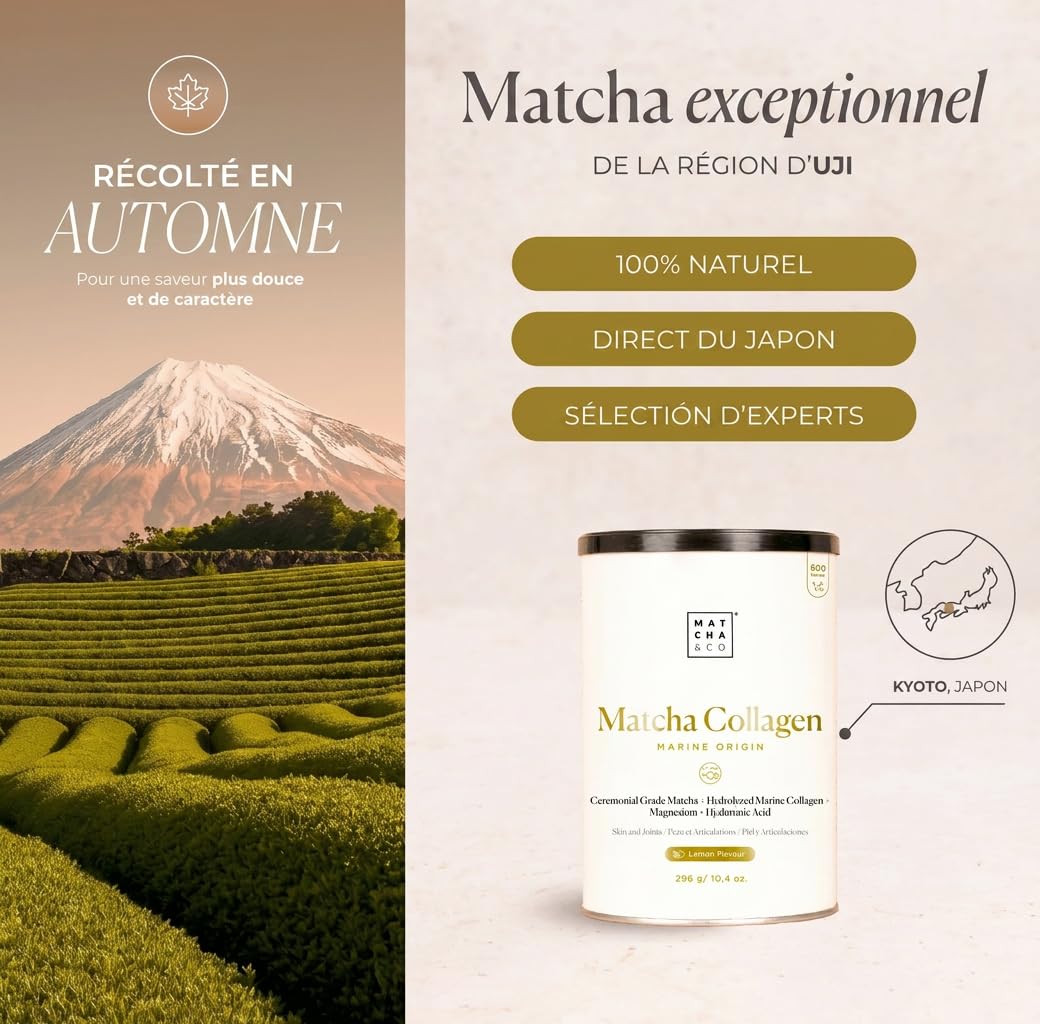 Matcha Collagène Marin en Poudre avec Magnésium et Acide Hyaluronique – Saveur Matcha Citron – Pour Articulations, Peau et Ongles – 296 g