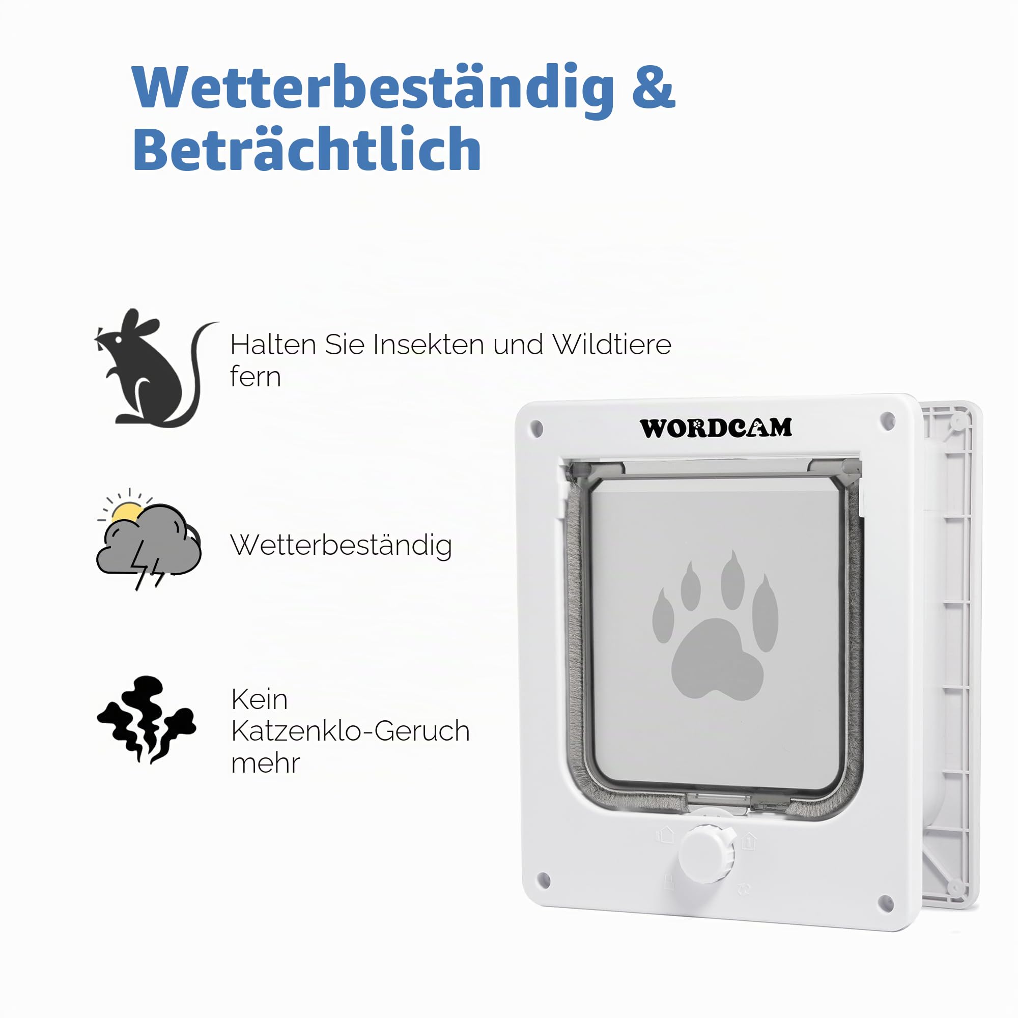 Wordcam Mittelgroße Katzentürklappe, 4-Wege-Verriegelung Katzentür für Innen- und Außentüren, Haustiertür für Katzen, Kätzchen, Hunde, robust, witterungsbeständig (Weiß, M)