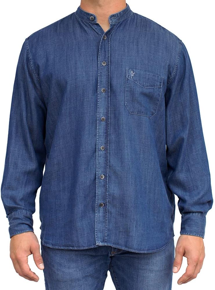 Irish Grandfather Collarless Tencel Denim Jean Shirt in Dark Blue Indigo Wash