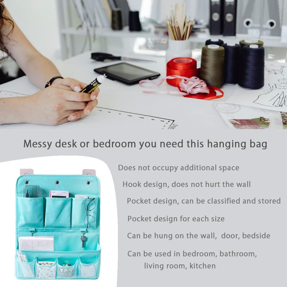 Hanging Organizer with Pockets – Wall & Door Storage Bag with 3 Sticky Hooks – Hanging Storage Organizer for Bathroom, Bedroom, Closet, Dorm, Washing Table (2Layer, Blue)