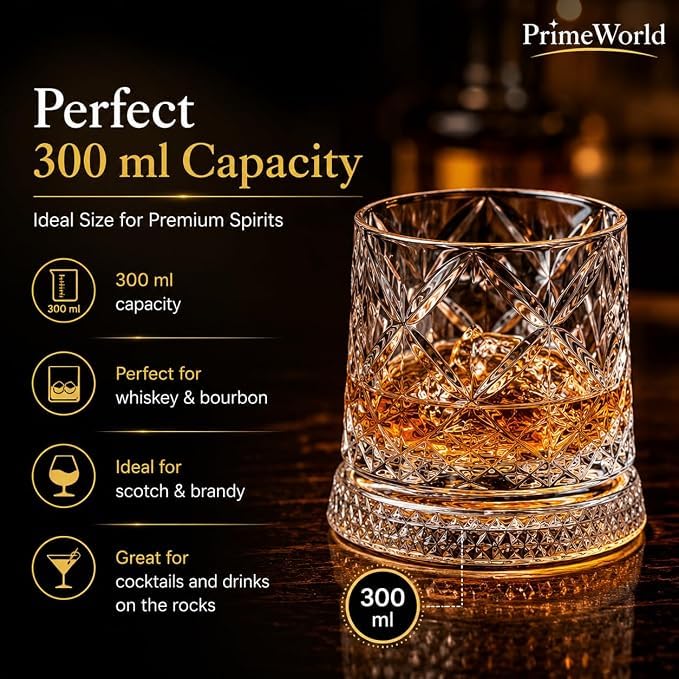 Image of PrimeWorld Diamond Cut Rotating Whiskey Glasses - Set of 6 | 300ml 360 Spinning Old Fashioned Tumblers | Premium Crystal Clear Lead-Free Rocks Glasses for Whiskey, Scotch, Bourbon, Brandy, Rum