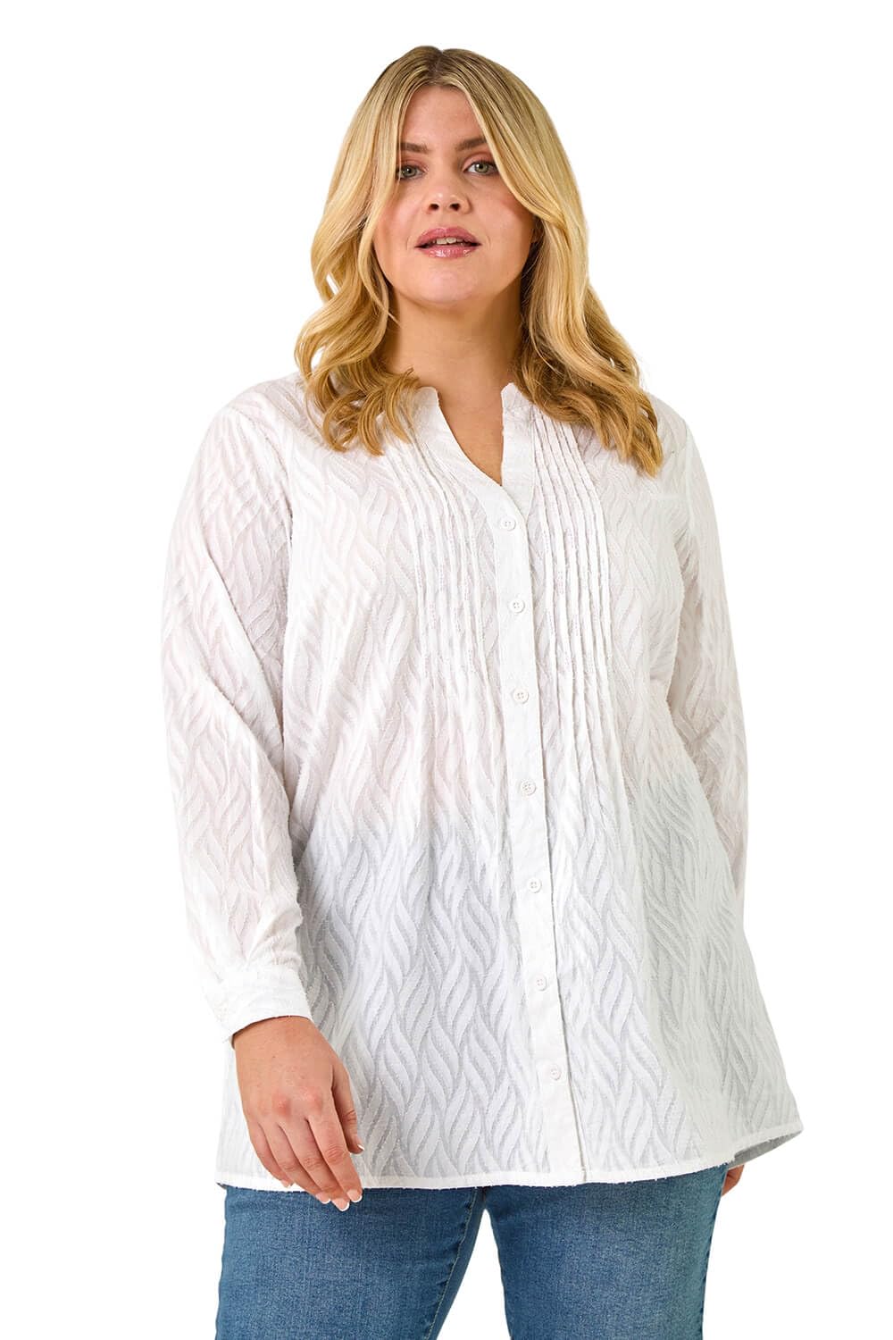 Roman Originals Pintuck Shirt for Women Ladies Jersey Blouse Collarless Top Flare Crinkle Notch Neck Tunic 3/4 Length Sleeve Longline Smart Casual Party Going Out - White Plus - Size 18
