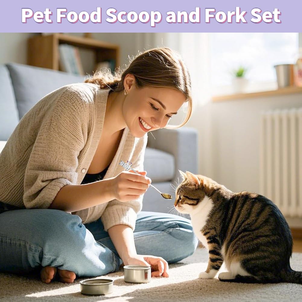 Cuillère à friandises pour chat, 2 petites fourchettes et cuillères en acier inoxydable facile à nettoyer ensemble mignon de cuillère de nourriture pour chat pour la nourriture humide en conserve pour