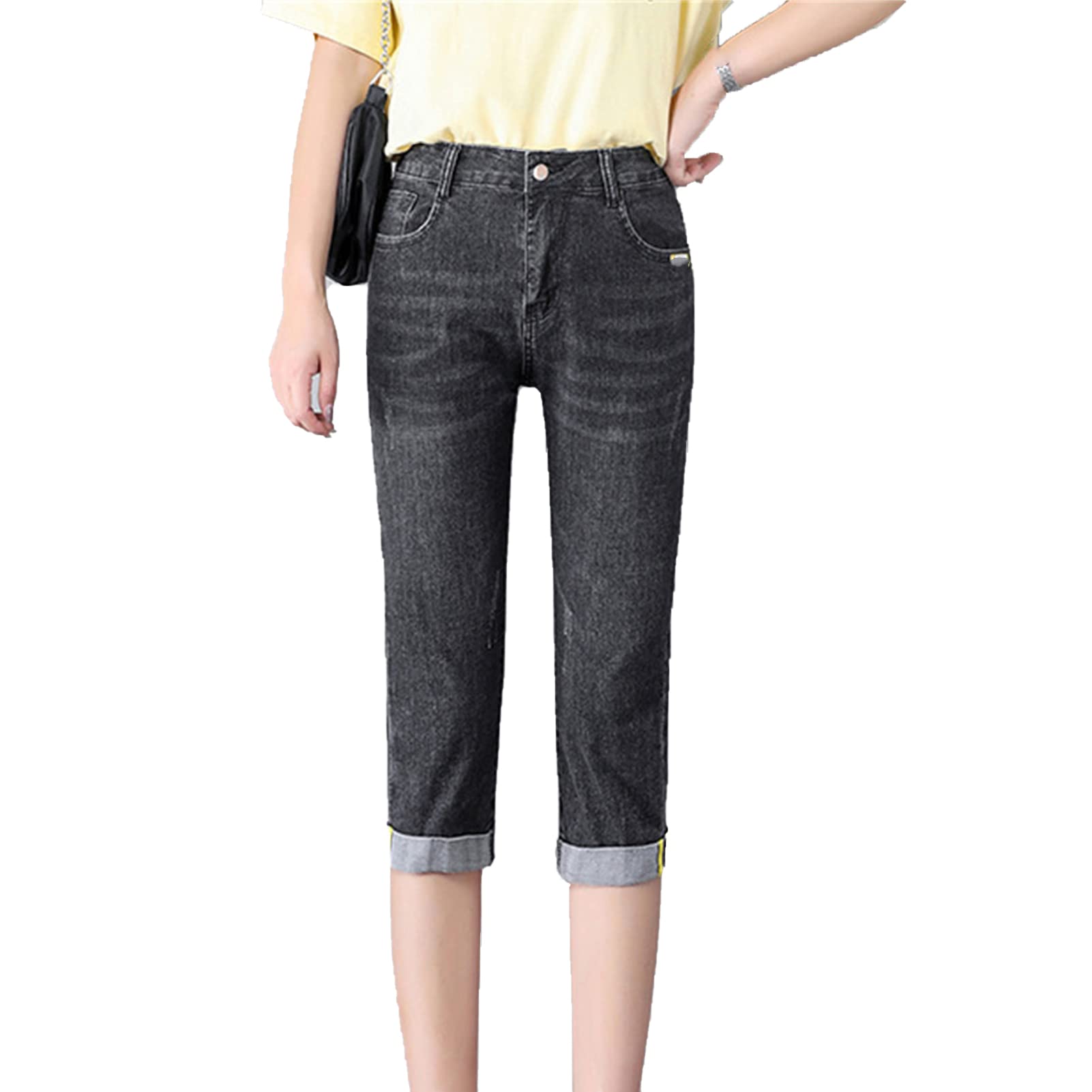 Women's Mid Rise Classic Roll Cuff Short Casual Knee Length Denim Shorts Slimming Stretchy Jeans with Pockets (29,Dark Grey)