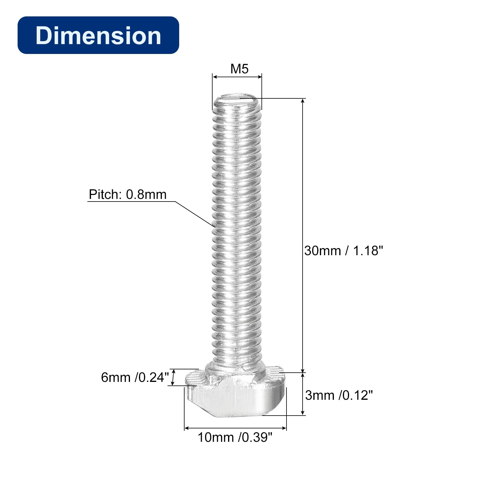 QUARKZMAN 40 sztuk śruby T-Slot, M5 x 30 mm Śruba z łbem młotkowym T Pin do profilu aluminium T-Series 2020, niklowana stal węglowa, srebrny