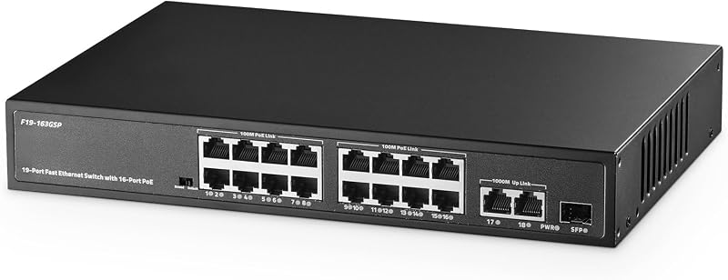Binardat 19 portos POE switch 16x POE+ 100Mbps 2 Gigabit uplink fém ház - 16x100M PoE+2x1G+1xSFP Unmanaged