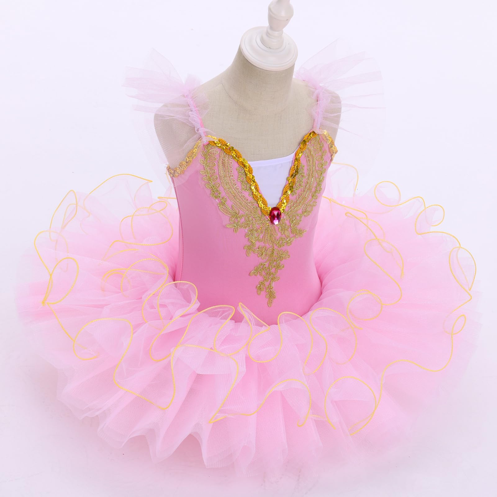 IDOPIP Tutu de ballet pour filles : justaucorps à manches flottantes avec col en V brodé pour filles – Tutu de danse crêpe performance