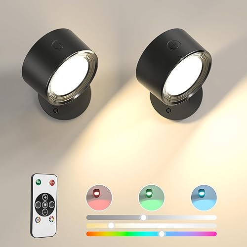 Luces LED de pared, 2 piezas con control remoto, lámpara de pared RGB Ambience de 3000 mAh, funciona con batería, 3 temperaturas de color y