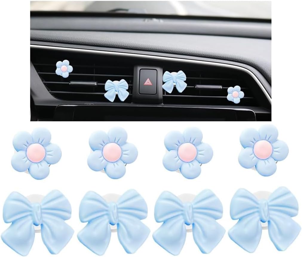 8PCS Car Air Vent Clips, Cute Bow & Sunflower Vehicle Vent Decorations Charm, Aesthetic Automotive Interior Outlet Ornament Accessories, Universal for SUV Sedan Truck (Blue)
