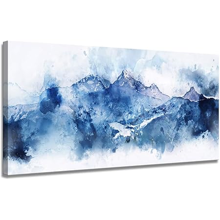 Amazon.com: Large Abstract Canvas Wall Art Living Room Office Wall Art Abstract Mountain Landscape On White Background Blue Shadow Digital Watercolor Painting 24X48 Inch Frame Art Ready To Hang: Posters & Prints