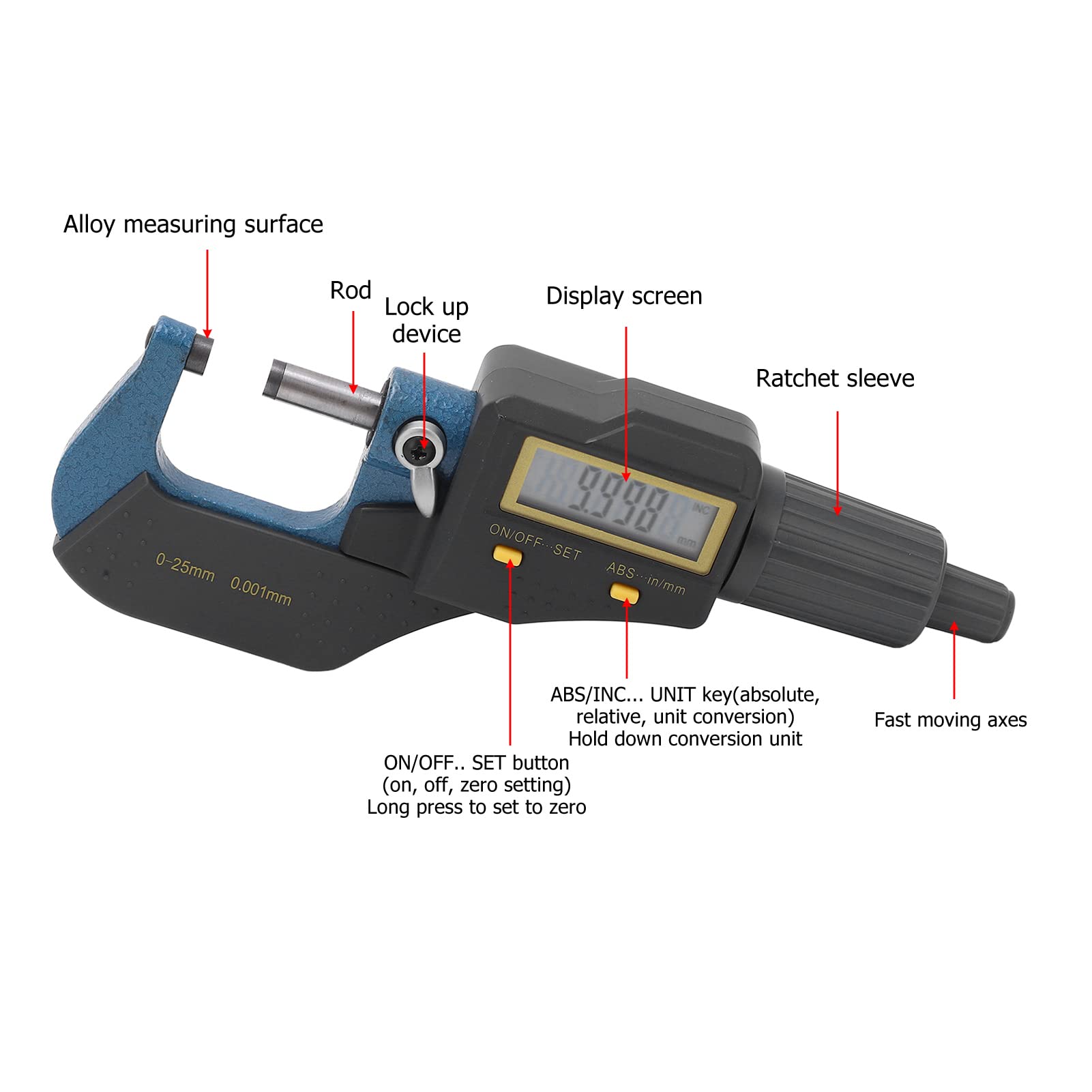 Digitaler Mikrometer-Messschieber, Hochpräzises Elektronisches Messwerkzeug für Präzisionsmessungen von 0–25 Mm