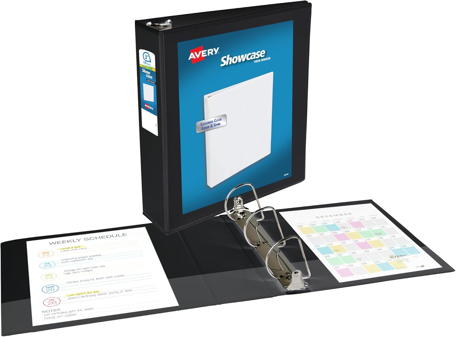 Avery Showcase Standard View 3 Ring Binder, 3" Slant Rings, 635-Sheet Capacity, 3.5 Inch Wide Spine, 1 Black Binder, Ideal for Lightweight Organization and Occasional Referencing (19750)