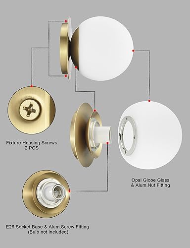 Miniatura 5 de Apliques de pared, 1 lámpara moderna de globo en latón envejecido, lámpara de pared para dormitorio, baño, sala de estar y pasillo, iluminación de
