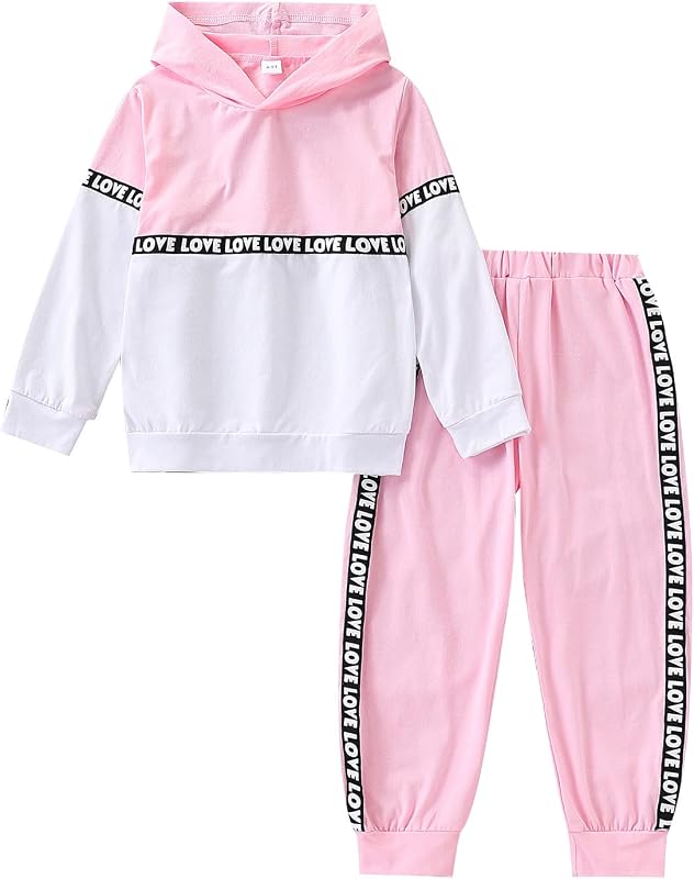 Cakaner Toddler Girls 2-Piece Monogrammed Patchwork Colorblock Set Hooded Long Sleeve Top and Pants Set