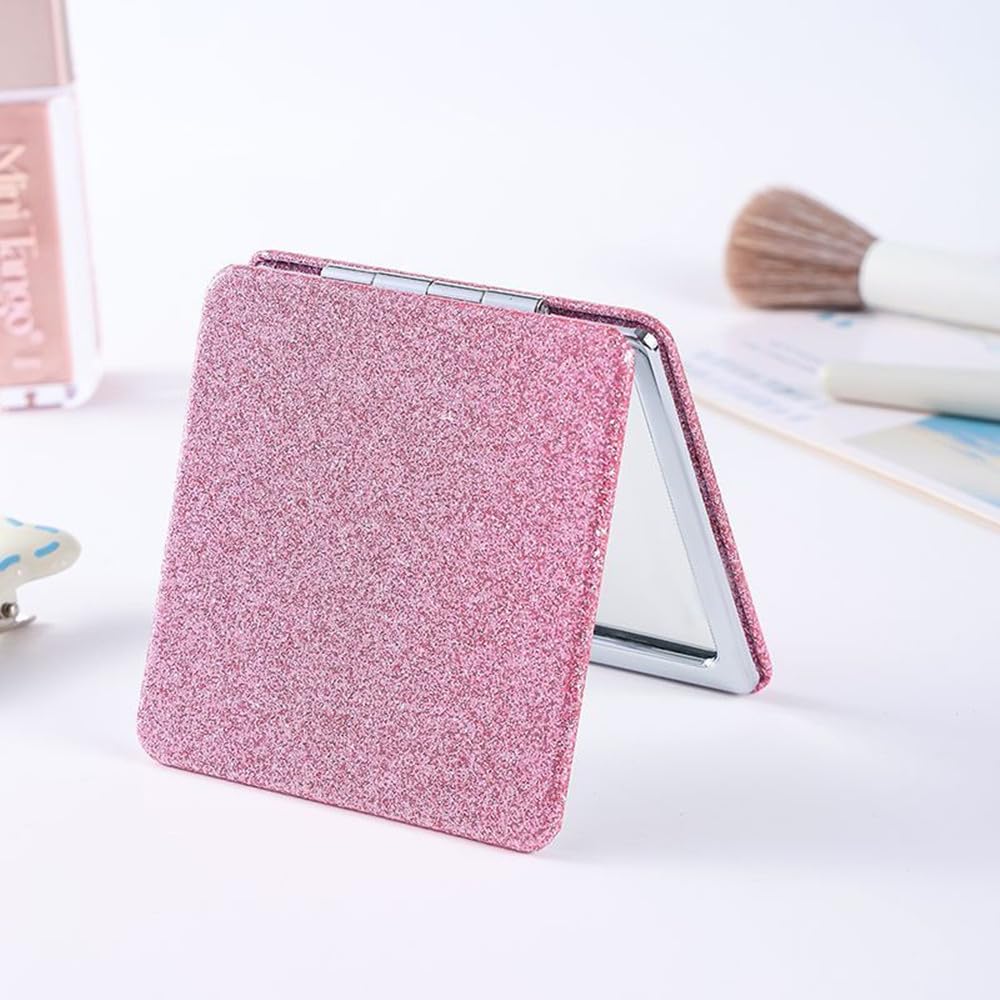 mpowtech Square Pink Compact Mirror for Women,Small Magnifying Travel Mirror with Glitter,Portable 2 x 1x Magnification Folding Pocket Makeup Mirror Cosmetic Mirror for Gift Travel Essentials