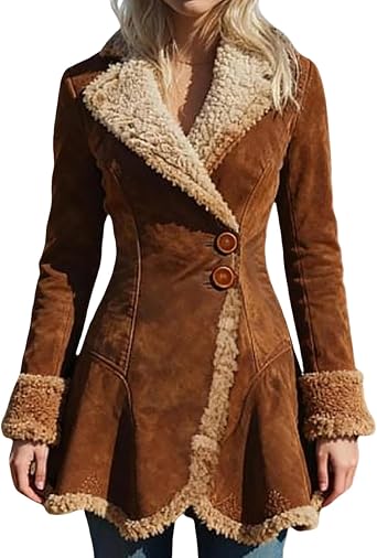 Womens Faux Suede Coat Vintage Western Notch Lapel Sherpa Lined Trench Coat Warm Mid Long Jackets