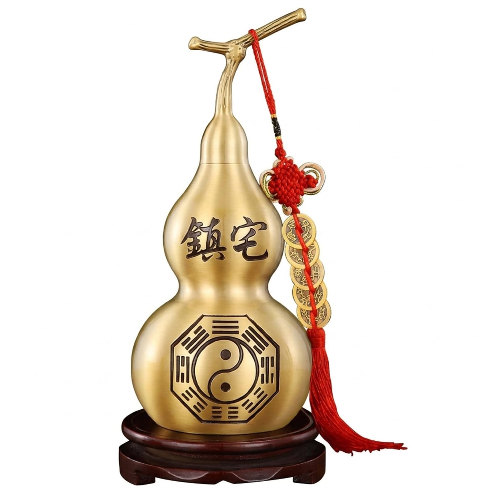 Monwssoe 15Cm Wu Lou Feng Shui Decor - Hollow Brass Gourd With Five Emperor & Cinnabar, Wealth Symbol Home Office Ornament, Premium Polished Brass, Includes Stand & Crystals