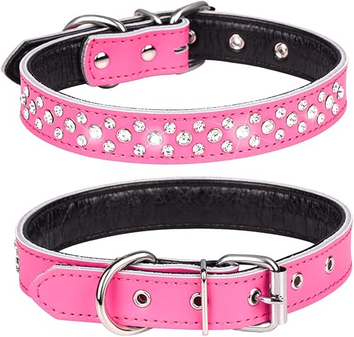 Miniatura 9 de Pimaodog Collar de perro con diamantes de imitación, collar ajustable de cuero genuino con tachuelas de cristal brillante para perros pequeños y