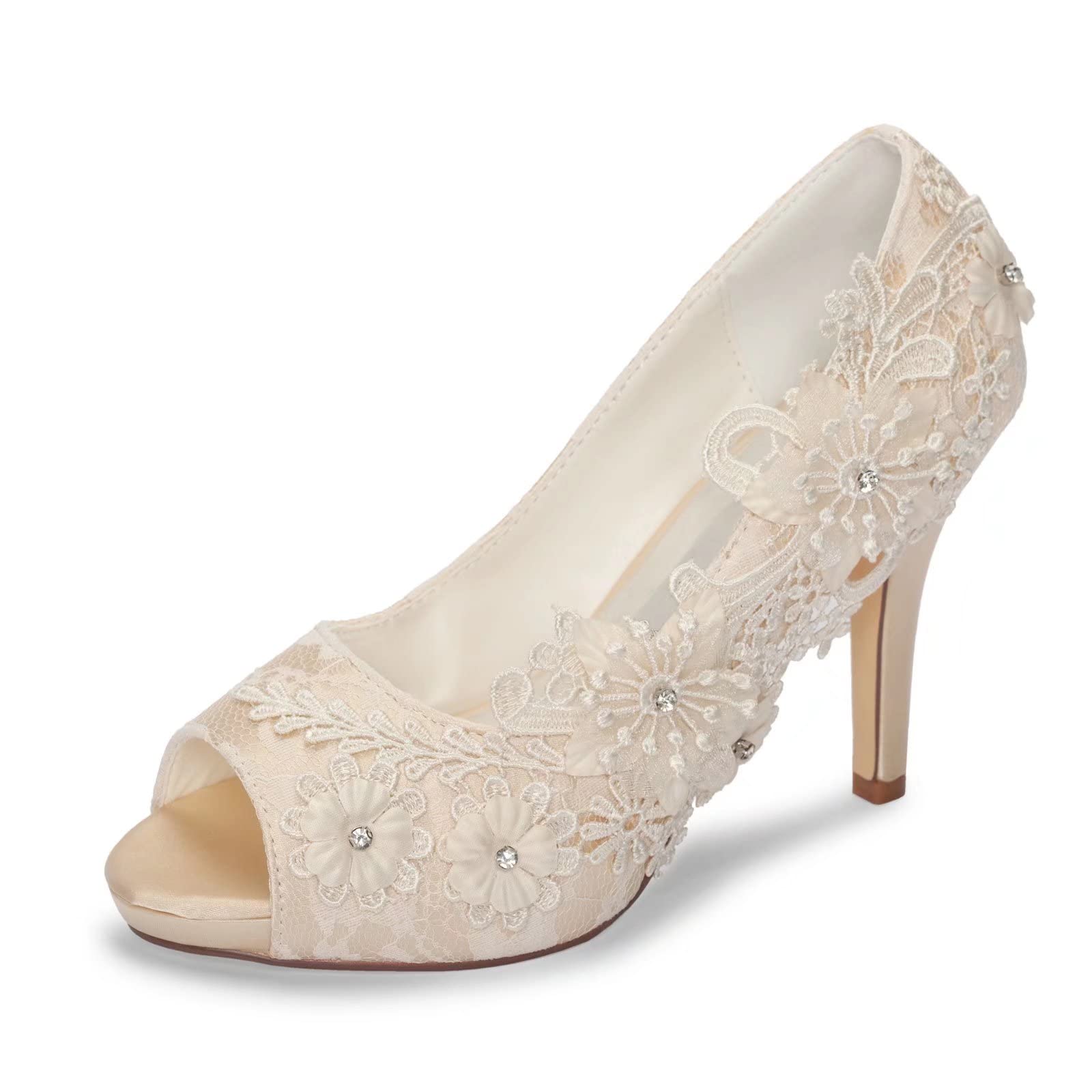 Bridal Shoes Lace Wedding Shoes Lace Peep Toe High Heel Bridal Shoes, Champagne, 5.5-image-45