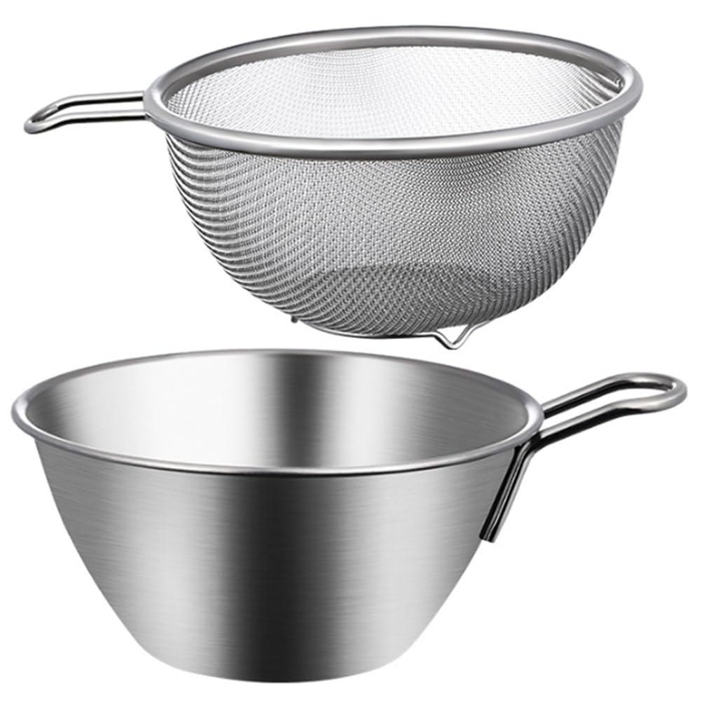 BESTonZON Stainless Steel Colander with Mixing Bowl, 1 Set Steel Strainer Basket Colander Filter Stainless Steel Mixing Bowl, Strainer for Kitchen Food for Washing Vegetables, Fruit, Rice, Dishwasher