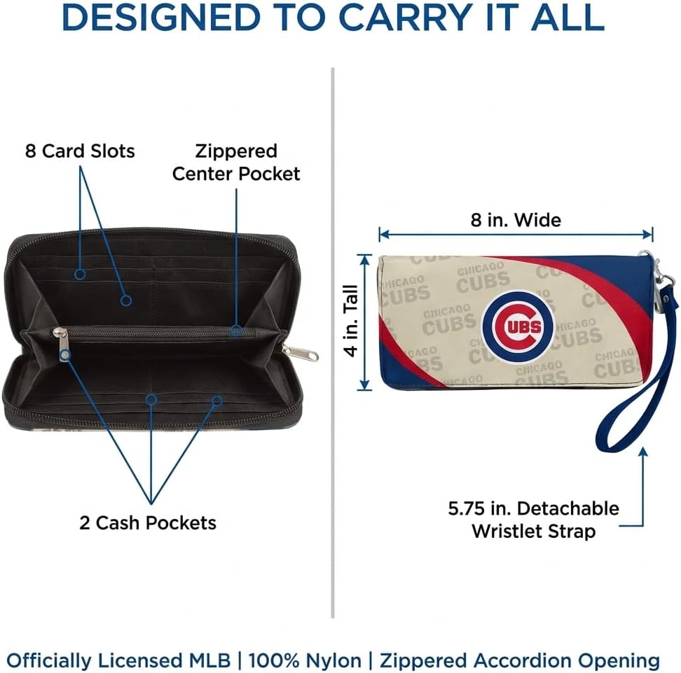 Littlearth MLB Chicago Cubs Curve Zip Organizer Wallet, Wristlet and Wallet in One, Team Color, 8 x 4 x 1 Inches