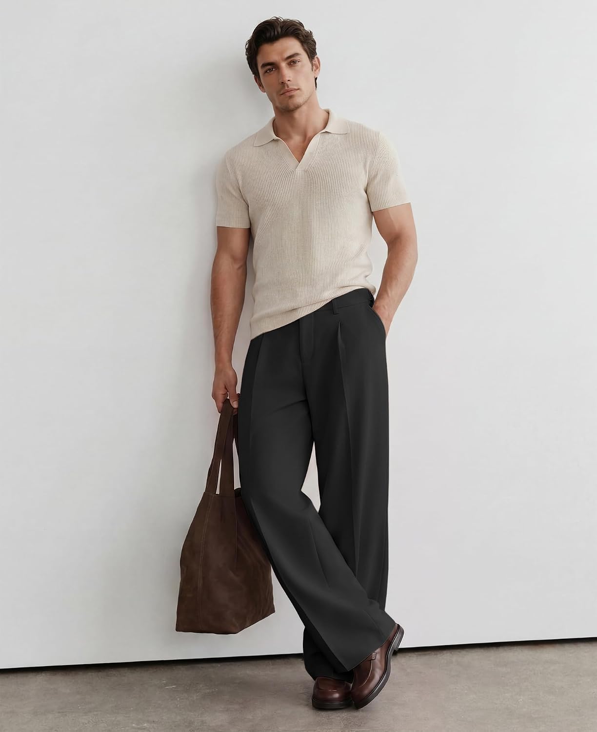 Susclude Mens Casual Dress Pants Pleated Old Money Wide Leg Baggy Pants Fall Relaxed Fit Slacks Work Trousers
