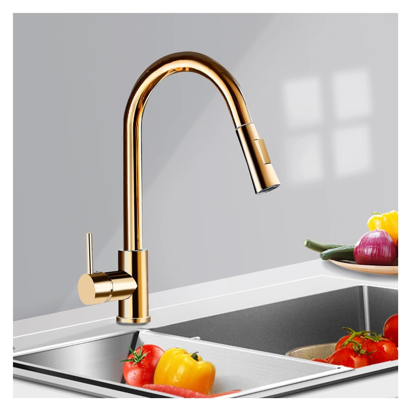 MXXQRHF Gold Brushed Kitchen Faucet Swivel Wall-Mounted Pull-Out Sprayer hot and Cold Water Mixer Faucet,Bathroom Vanity Mixer