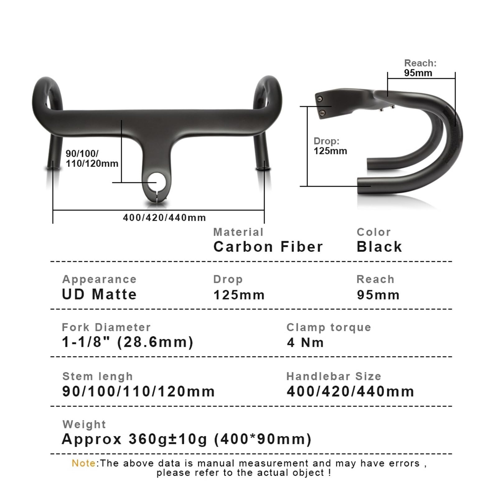 Manillar de carbono para bicicleta de carretera Manillar integrado de fibra de carbono for bicicleta de carretera, manillar ultraligero de 1-1/8", 400/420/440 mm, con vástago de bicicleta(No logo 420x