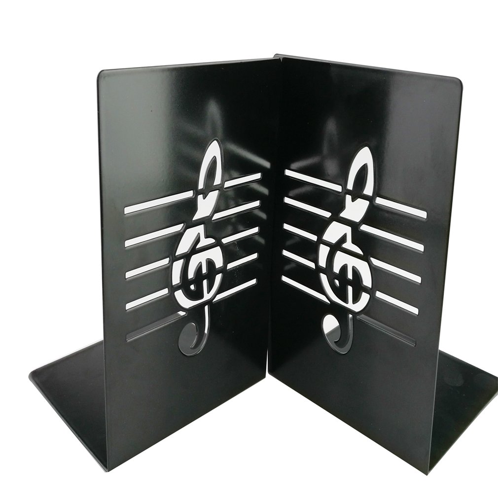 Un paio di supporti reggilibri in metallo nero, con nota musicale, creativi, di tendenza per bambini, amanti della musica, decorazione di casa e ufficio Nero