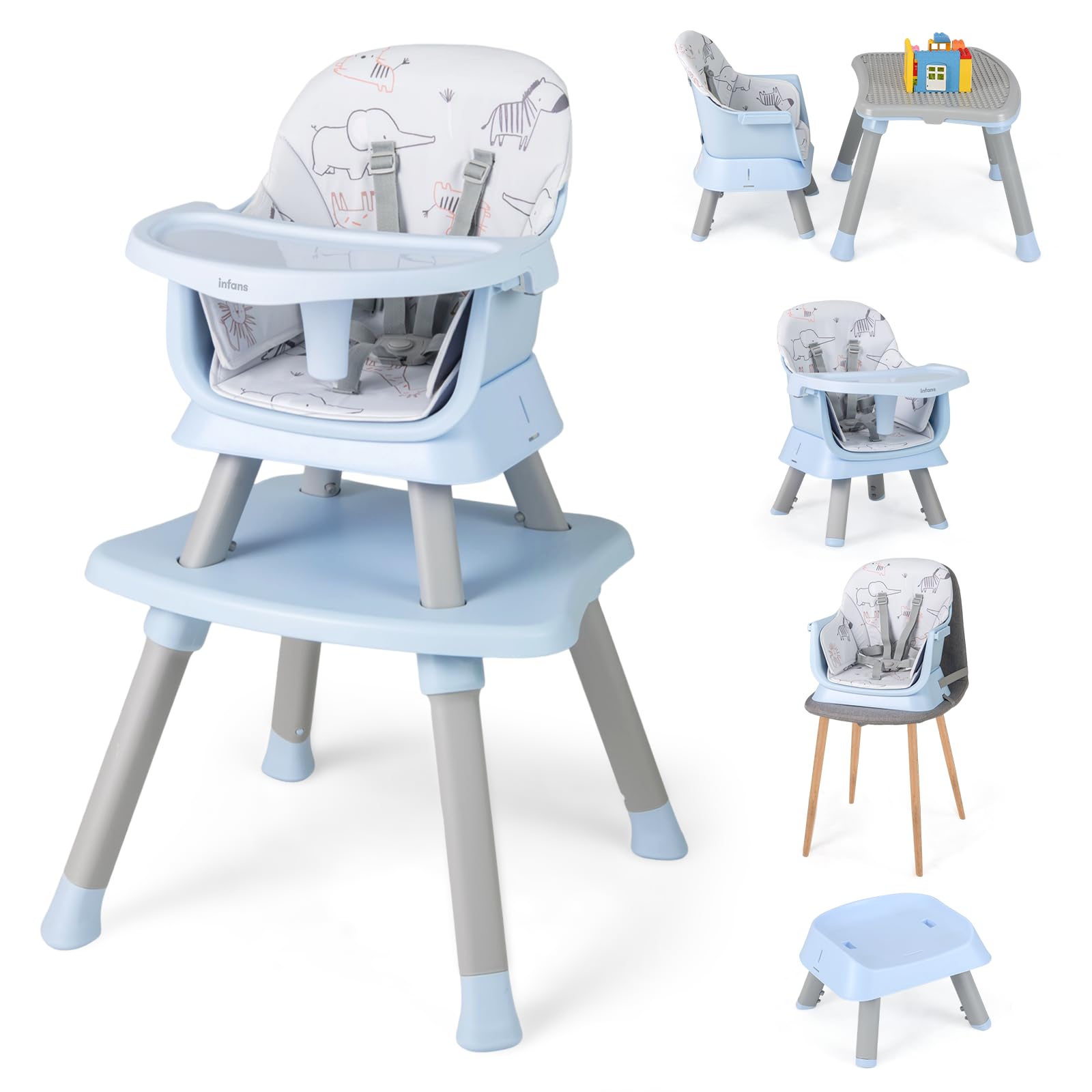INFANS 8 in 1 Baby High Chair, Convertible Highchair for Babies and Toddlers, Infant Dining Booster Seat, Building Block Table, Kids Stool Table Chair Set with Removable Tray (Blue)
