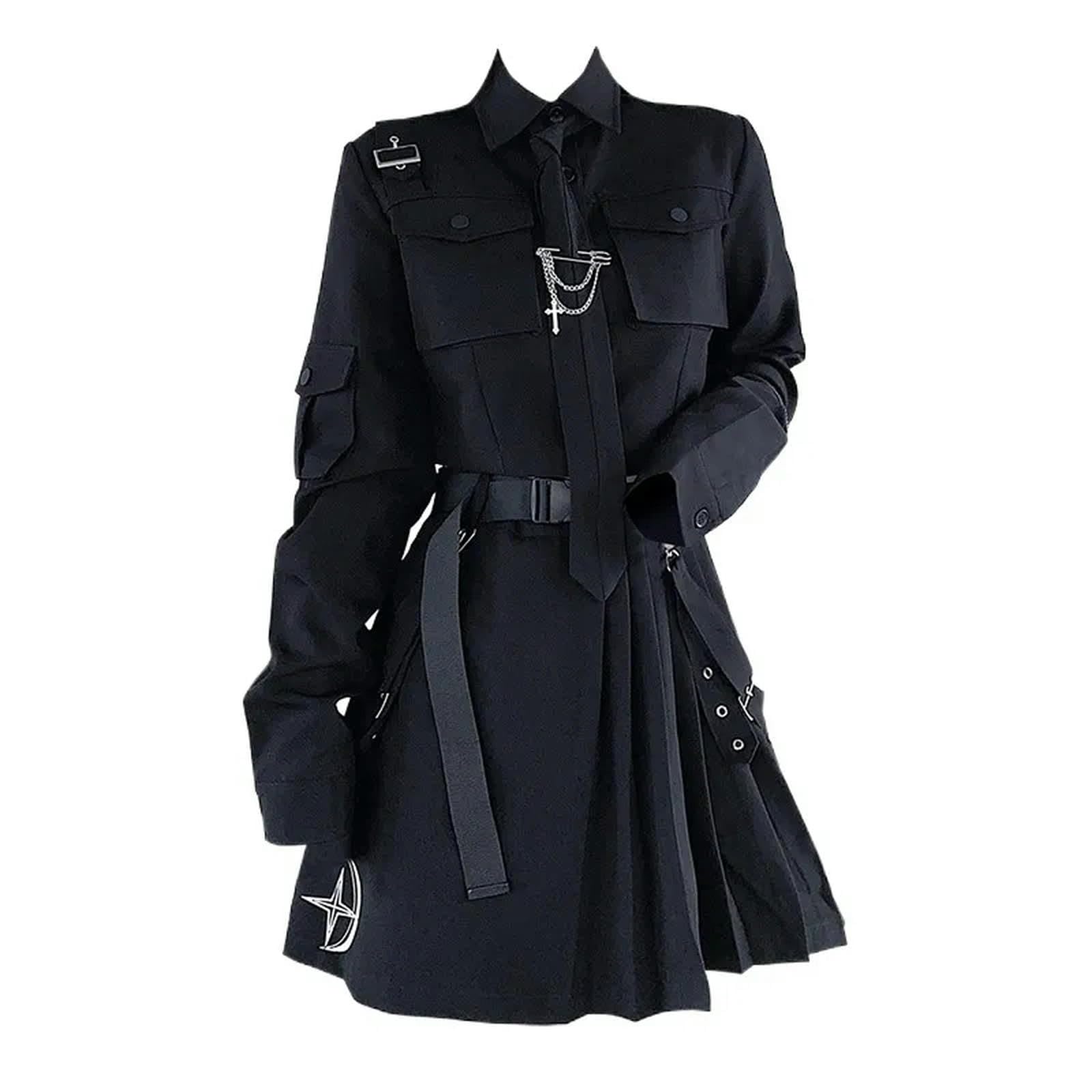 WEITING Gothic-Kleidung für Damen, Faltenrock, Langarm-Shirt, zweiteiliger Anzug, Harajuku, Vintage, koreanischer Punk-Stil, schwarzes Set, Kleid-zweiteiliger Anzug-XL