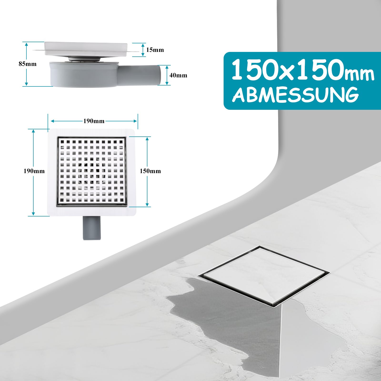 150 x 150 mm Bodenablauf Dusche Edelstahl Duschrinne mit 360° Siphon, Geruchsverschluss, Haarsieb und 2 Ablaufadapter DN50 DN40, Ablaufrinne Duschablauf