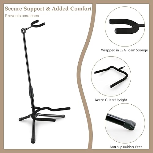 Miniatura 2 de EASTROCK Soporte para guitarra  Soporte de guitarra plegable ajustable para bajo eléctrico acústico, mandolina banjo, trípode negro con acolchado de