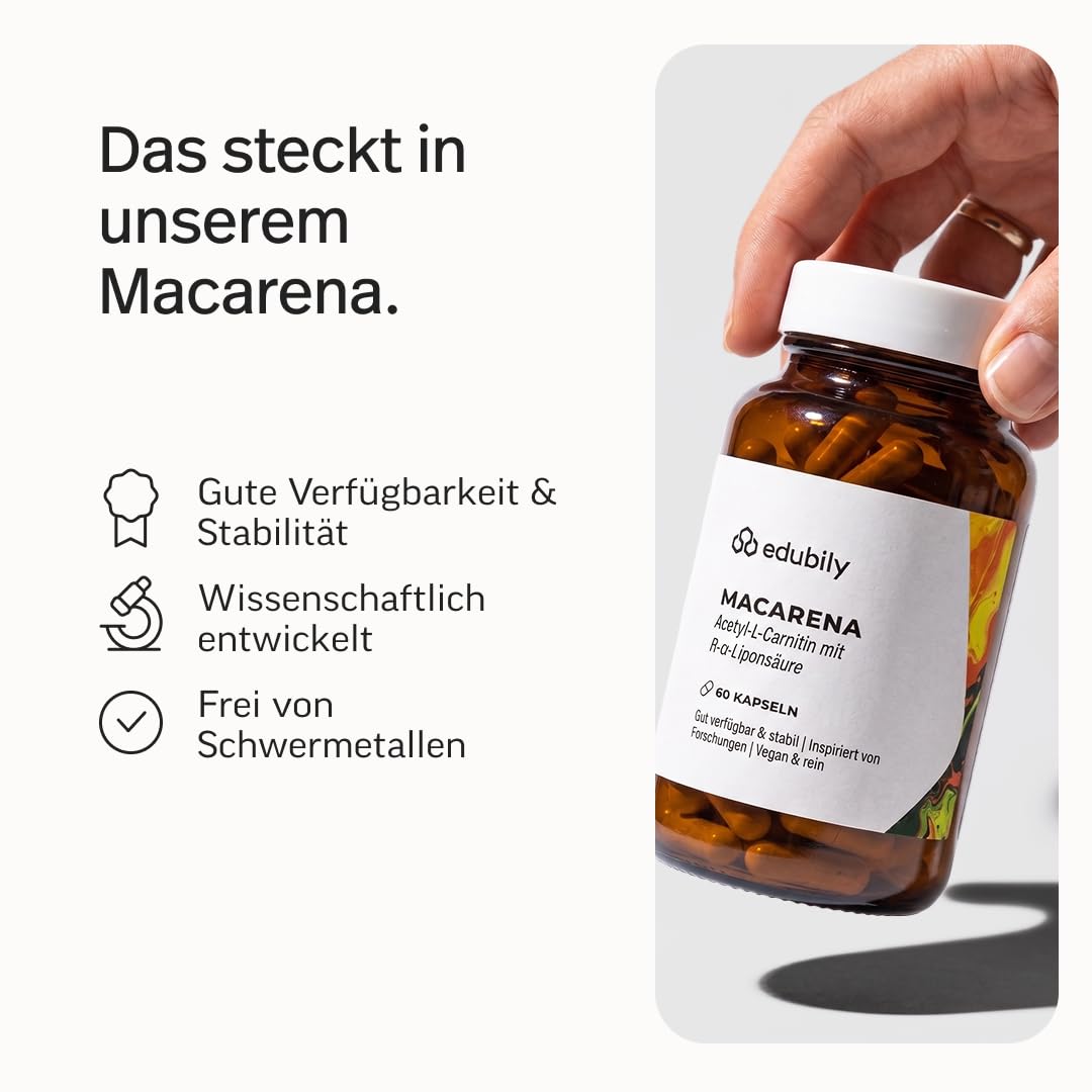 edubily® Macarena - Alpha Liponsäure mit Acetyl L Carnitin - jeweils 200 mg - Vegan - Laborgeprüft (60 Kapseln)