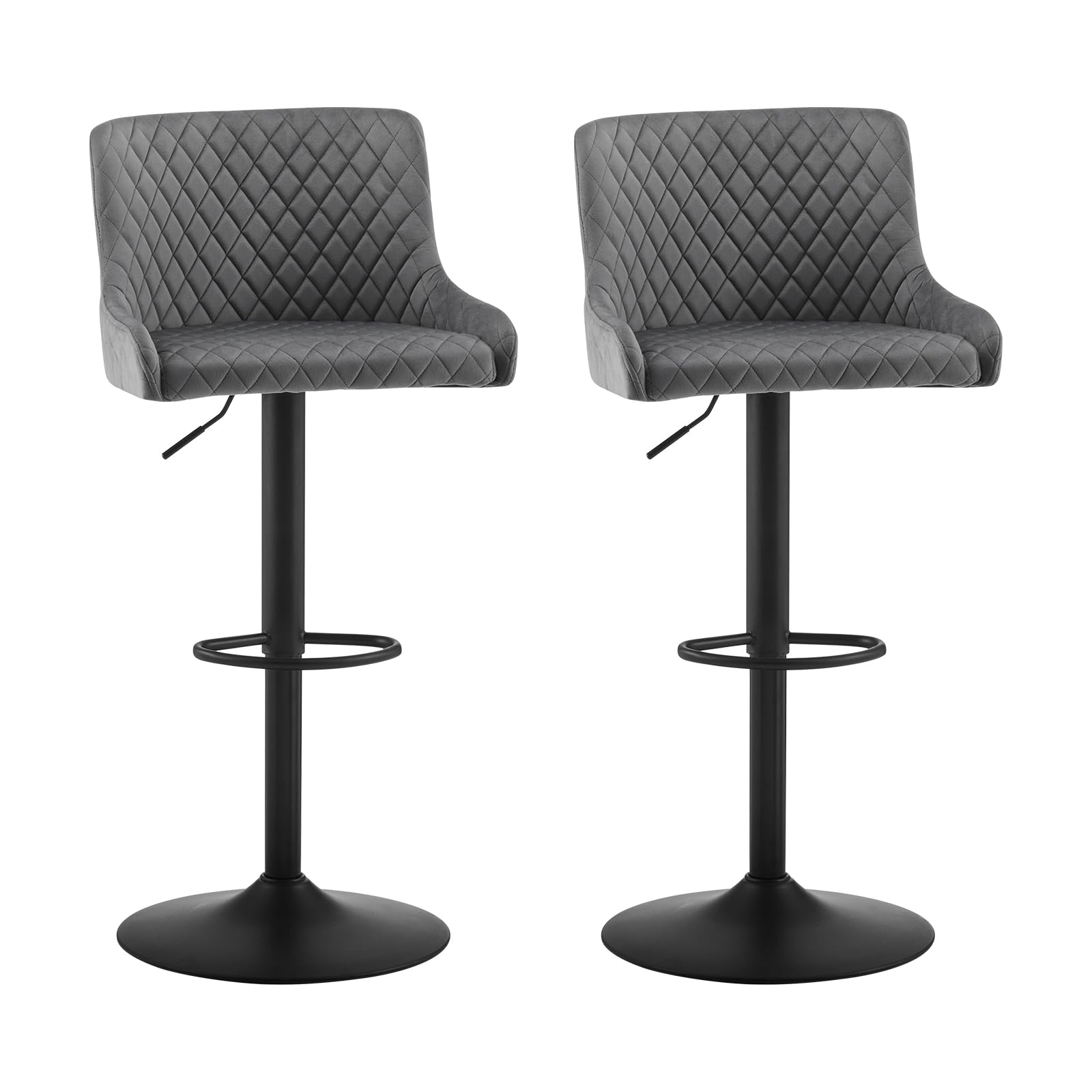 LEMROE Bar Stools Set of 2 Height Adjustable 360° Swivel Velvet for Kitchen Counter Chairs High Island Breakfast with Backrest Footrest for Home Pub Restaurant (2, Grey)